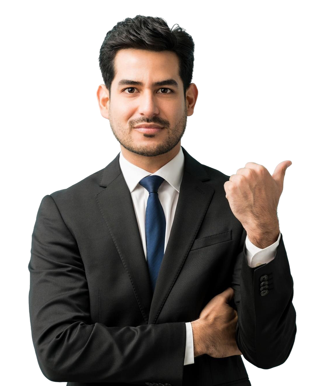hispanic-male-executive-gesturing-copy-space-while-making-eye-contact-studio